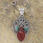 Antiqued Sterling,Carnelian,Turquoise Pendant 24in